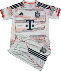 Футбольна форма дитяча Баварія (Bayern Munich) 2025-2026 виїзна біло-оранжево-сіра F0325