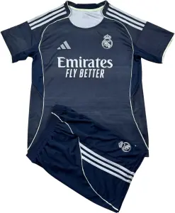 Футбольна форма дитяча Реал Мадрид (Real Madrid) 2025-2026 виїзна темно-сіро-темно-синьо-салатова F0335