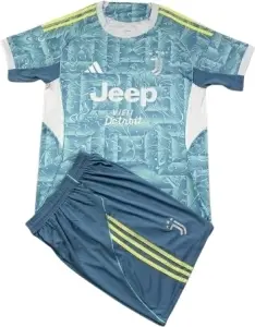 Футбольна форма дитяча Ювентус (Juventus) 2025-2026 виїзна бірюзово-салатово-біла F0336