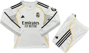 Футбольна форма з довгим рукавом дитяча Реал Мадрид (Real Madrid) 2025-2026 домашня біло-чорно-жовта F0405