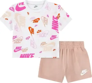Комплект літній дитячий Nike SPORTSWEAR ALLOVER PRINT FRENCH TERRY біло-світло-коричнево-рожевий 36N043-N0K