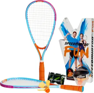 Набір для швидкісного бадмінтону Speedminton FUN SET (2 ракетки, 2 волана, 2 палички, що світяться, контейнер для воланів) блакитно-оранжево-рожевий 400050C