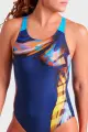 Купальник злитий жіночий Arena DREAMHLINE SWIMSUIT V BACK темно-синьо-блакитно-жовтий 008328-760