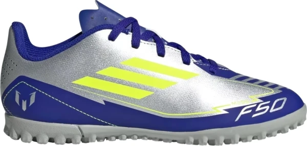 Сороконожки (шиповки) детские Adidas F50 CLUB MESSI TF JUNIOR серебряно-темно-сине-лимонные IH0923