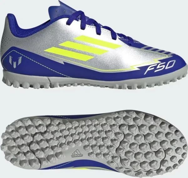 Сороконожки (шиповки) детские Adidas F50 CLUB MESSI TF JUNIOR серебряно-темно-сине-лимонные IH0923