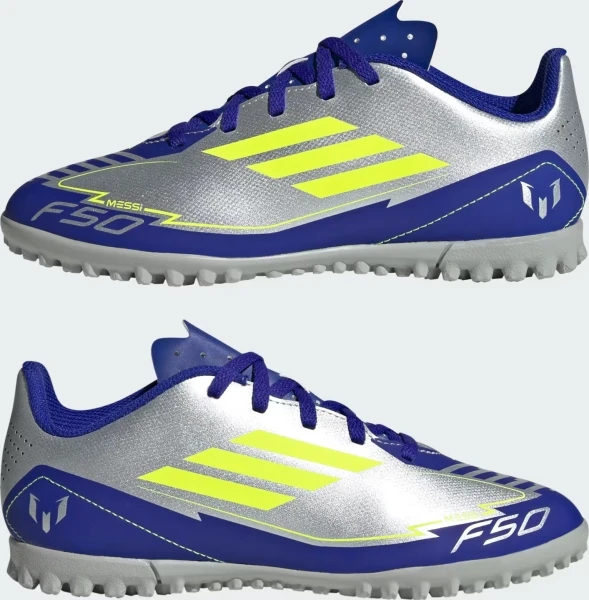 Сороконожки (шиповки) детские Adidas F50 CLUB MESSI TF JUNIOR серебряно-темно-сине-лимонные IH0923