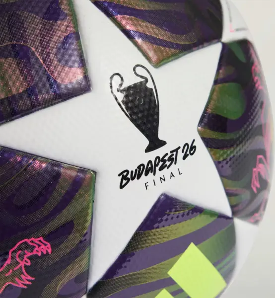 Футбольный мяч Adidas UEFA CHAMPIONS LEAGUE FINAL LEAGUE BOX 26 BUDAPEST бело-фиолетово-лаймовый Размер 5 JX9101