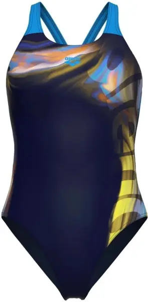 Купальник злитий жіночий Arena DREAMHLINE SWIMSUIT V BACK темно-синьо-блакитно-жовтий 008328-760