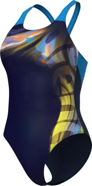 Купальник злитий жіночий Arena DREAMHLINE SWIMSUIT V BACK темно-синьо-блакитно-жовтий 008328-760