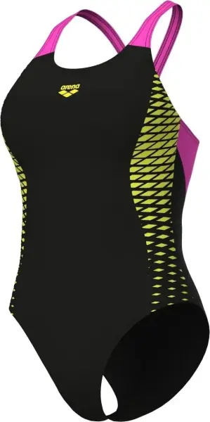 Купальник злитий жіночий Arena OPENINGS SWIMSUIT V BACK LB чорно-рожево-жовтий 008063-590
