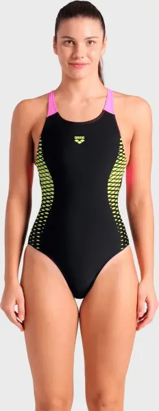 Купальник злитий жіночий Arena OPENINGS SWIMSUIT V BACK LB чорно-рожево-жовтий 008063-590