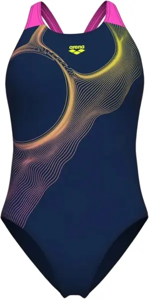 Купальник злитий жіночий Arena RIPPLES SWIMSUIT V BACK B темно-синьо-рожево-жовтий 009021-780