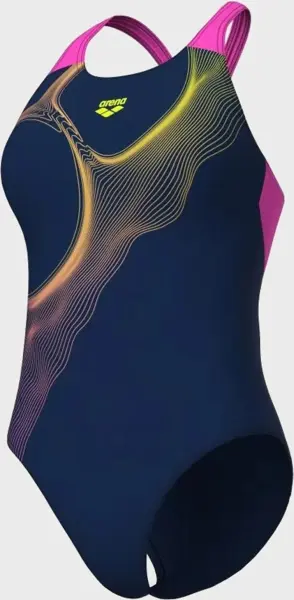 Купальник злитий жіночий Arena RIPPLES SWIMSUIT V BACK B темно-синьо-рожево-жовтий 009021-780