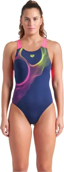 Купальник злитий жіночий Arena RIPPLES SWIMSUIT V BACK B темно-синьо-рожево-жовтий 009021-780