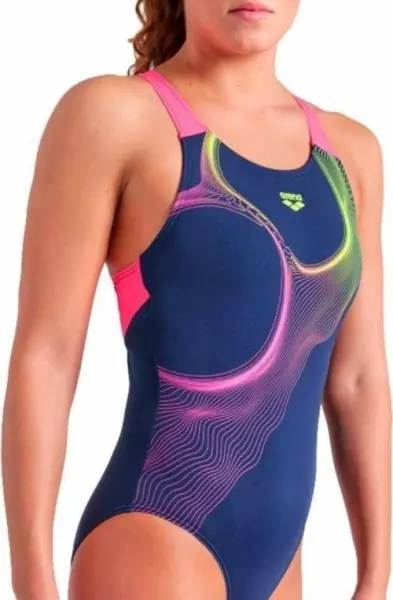 Купальник злитий жіночий Arena RIPPLES SWIMSUIT V BACK B темно-синьо-рожево-жовтий 009021-780