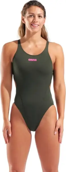 Купальник злитий жіночий Arena TEAM SWIMSUIT SWIM TECH SOLID темно-зелено-рожевий 004763-609