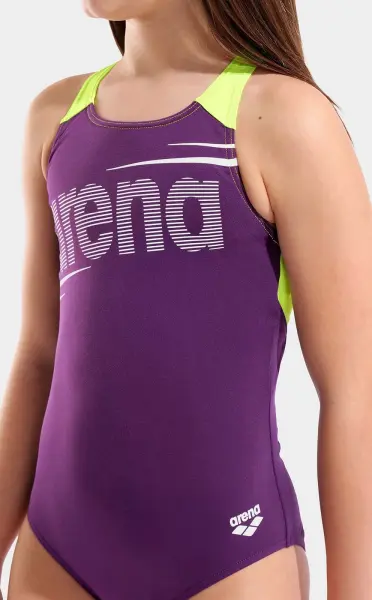 Купальник злитий дитячий Arena BOLD SWIMSUIT V BACK фіолетово-салатовий 011755-960