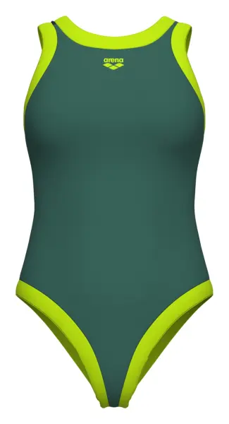Купальник злитий жіночий Arena BOLD LINES SWIMSUIT темно-зелено-салатовий 011576-665