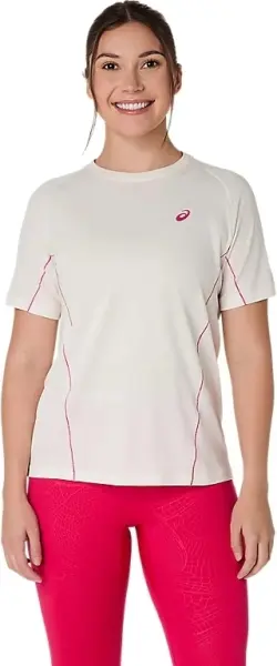 Футболка для тенісу жіноча Asics GAME ALL OVER PRINT SS TOP бежево-рожева 2042A385-100