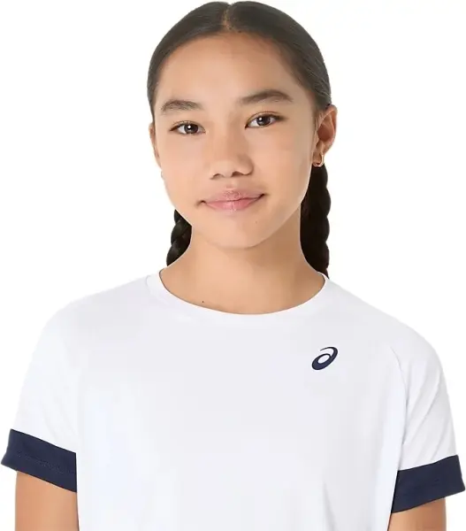 Футболка для тенісу дитяча Asics GIRLS TENNIS SS TOP біло-темно-синя 2044A045-101
