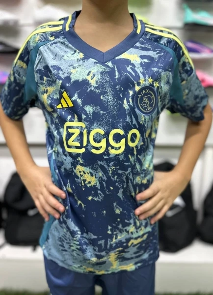 Футбольная форма детская Аякс (Ajax) 2024-2025 выездная дымчато-сине-желтая F0005