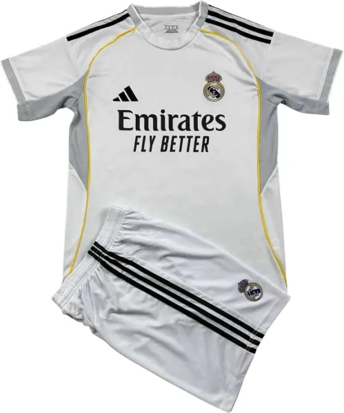 Футбольная форма детская Реал Мадрид (Real Madrid) 2025-2026 домашняя бело-черно-желтая F0256