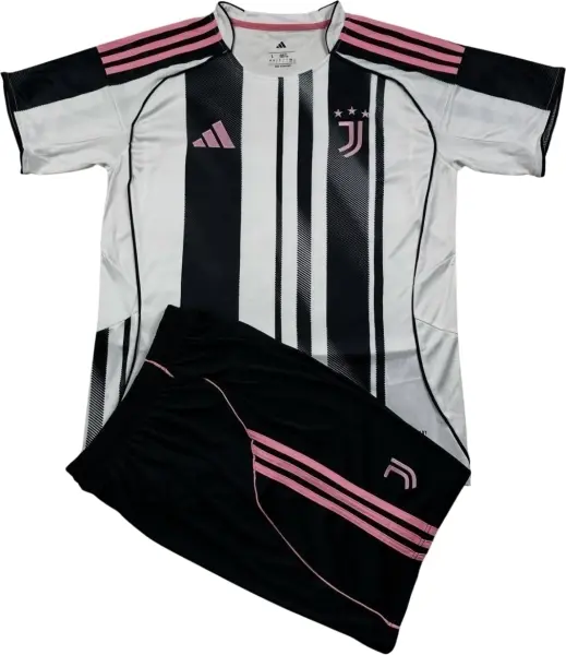 Футбольная форма детская Ювентус (Juventus) 2025-2026 домашняя бело-черно-розовая F0337
