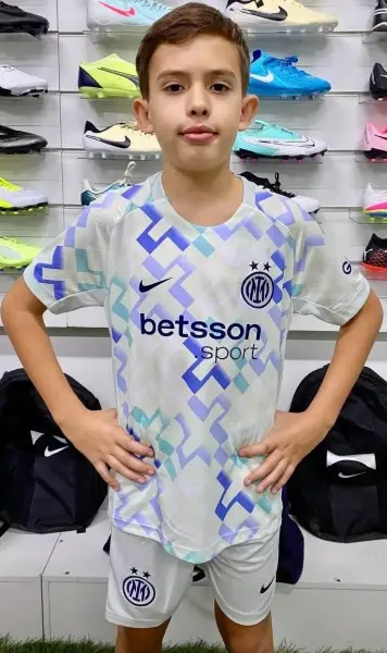 Футбольная форма детская Интер (Inter Milan) 2025-2026 выездная бело-бирюзово-синяя F0348