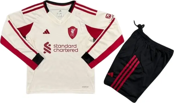 Футбольная форма с длинным рукавом детская Ливерпуль (Liverpool) 2025-2026 выездная бело-красно-черная F0401