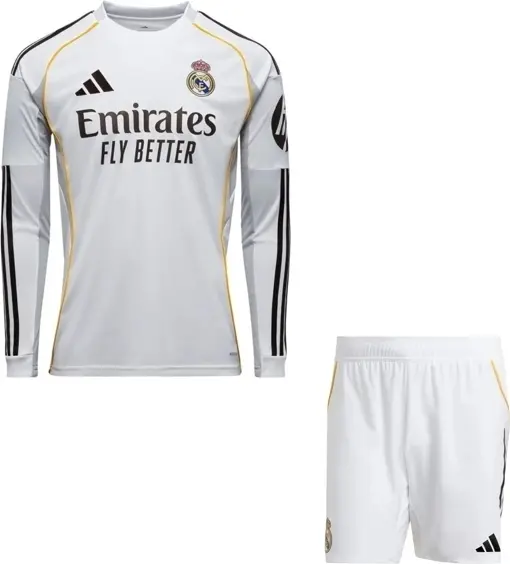 Футбольная форма с длинным рукавом Реал Мадрид (Real Madrid) 2025-2026 домашняя бело-черно-желтая F0422