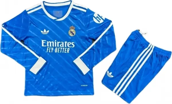 Футбольная форма с длинным рукавом детская Реал Мадрид (Real Madrid) 2025-2026 резервная сине-белая F0428