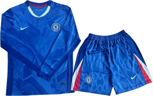 Футбольна форма з довгим рукавом дитяча Челсі (Chelsea) 2025-2026 домашня синьо-біло-червона F0429