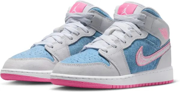 Кроссовки подростковые Nike AIR JORDAN 1 MID SE (GS) светло-серо-голубо-розовые HQ1999-400