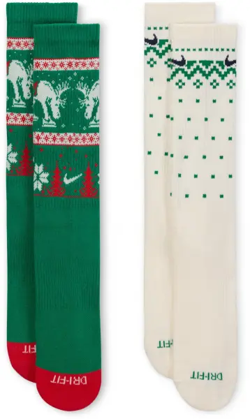 Шкарпетки Nike EVERYDAY PLUS CUSHIONED WINTER WONDERLAND CREW зелено-червоно-білі (2 пари) HV6939-901