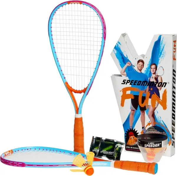 Набір для швидкісного бадмінтону Speedminton FUN SET (2 ракетки, 2 волана, 2 палички, що світяться, контейнер для воланів) блакитно-оранжево-рожевий 400050C