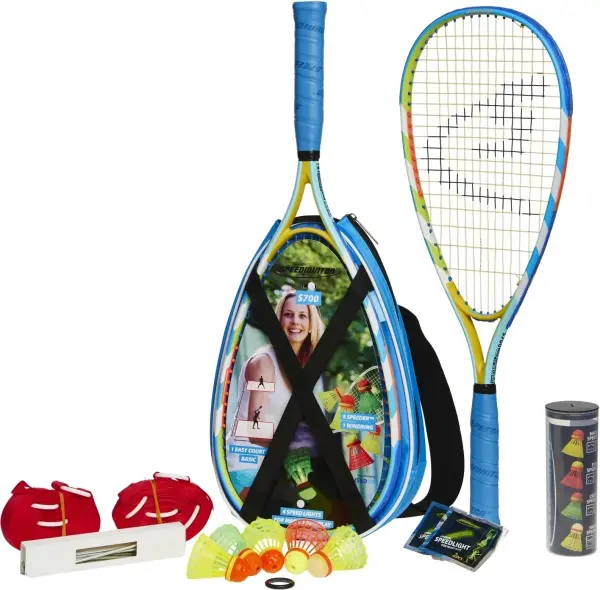 Набір для швидкісного бадмінтону Speedminton SET S700 (2 ракетки, 5 воланів, 4 палички, що світяться, вітрозахисне кільце, набір для корта, чохол) блакитно-жовто-білий 400085