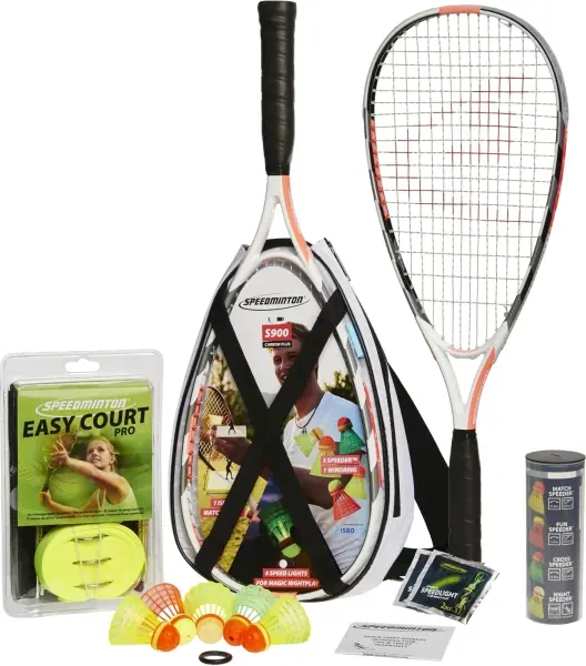 Набір для швидкісного бадмінтону Speedminton SET S900 (2 ракетки, 5 воланів, 4 палички, що світяться, вітрозахисне кільце, набір для корта, чохол) біло-чорно-оранжевий 400093
