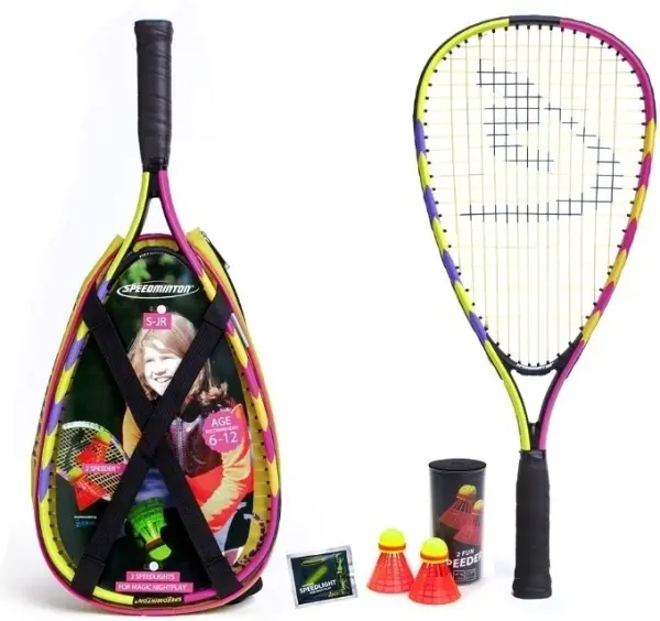 Набор для скоростного бадминтона детский Speedminton SET JUNIOR (2 ракетки, 2 волана, 2 светящиеся палочки, чехол) желто-розово-сиреневый 400043