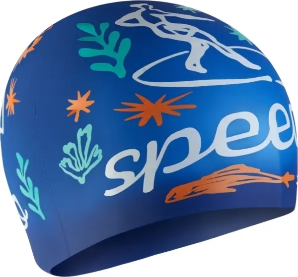 Шапочка для плавання дитяча Speedo SLOGAN PRT CAP JU/JF/JM синьо-помаранчево-бірюзово-біла 8-0838616700