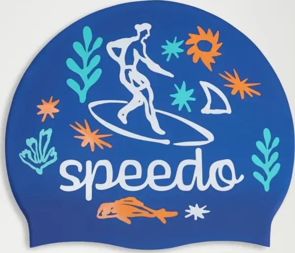 Шапочка для плавання дитяча Speedo SLOGAN PRT CAP JU/JF/JM синьо-помаранчево-бірюзово-біла 8-0838616700