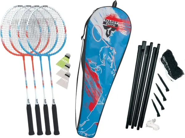 Набір для бадмінтону Talbot BADMINTON SET 4-FIGHTER (4 ракетки, 3 волани, сітка, чохол) блакитно-червоно-білий 449416