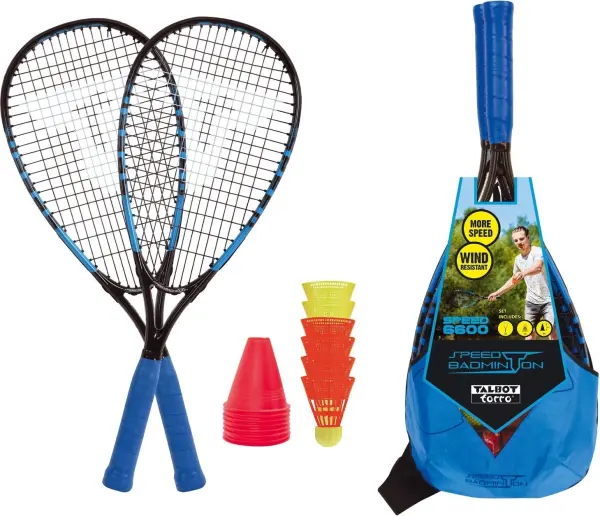Набір для швидкісного бадмінтону Talbot SPEED BADMINTON SET SPEED 6600 (2 ракетки, 6 воланів, 8 конусів, чохол) чорно-синій 490116