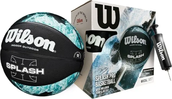 Баскетбольний набір Wilson SPLASH PRO (м'яч і насос у подарунковій коробці) чорно-бірюзово-білий Розмір 7 WZ2014501XP